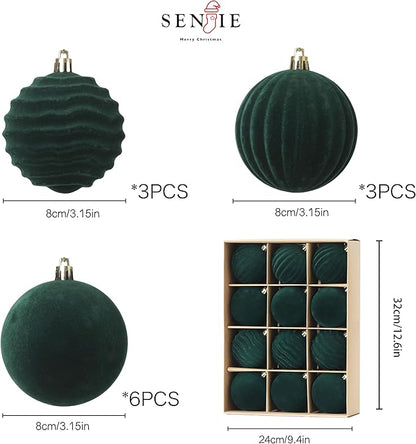 Senjie 3.15 inch Christmas Tree Ornaments Velvet Balls,12PCS Flocked Decoration Balls Ornaments Sets for Christmas 2025 Green