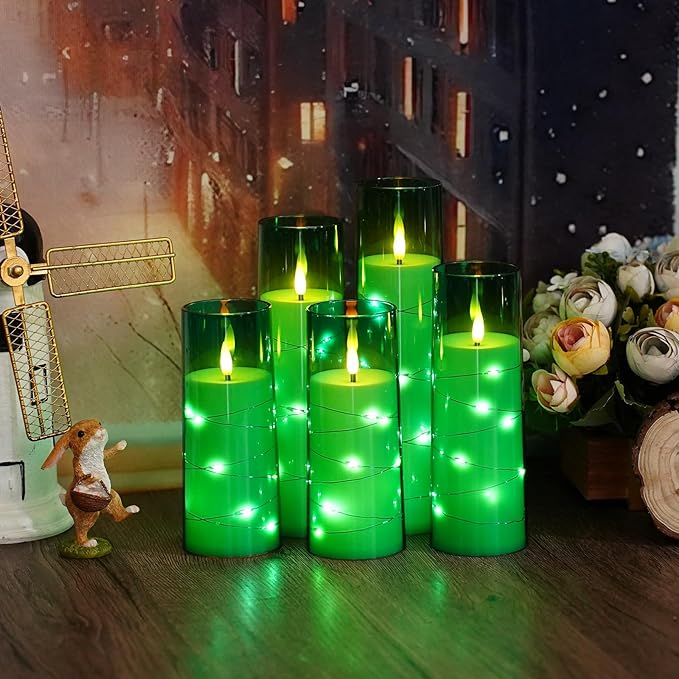 Flameless LED Candles with Timer 5 Pc Flickering Flameless Candles for Romantic Ambiance and Home Decoration Stable Acrylic Shell,with Embedded Star String，Battery Operated Candles（Green）