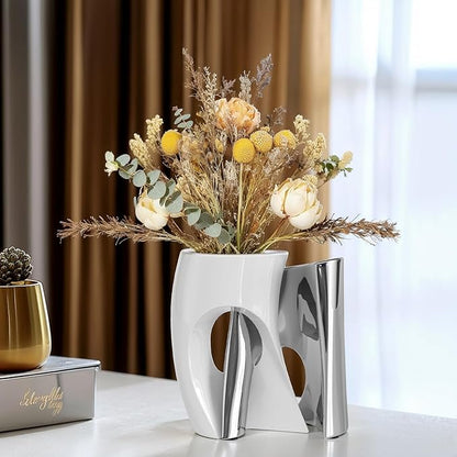 White Silver Ceramic Vases Set of 2, Modern Vase for Nordic Minimalist Book Style Shelf Decor, Hollow Round Pampas Flower Vases for Boho Home Wedding Party Room Dinner Table Shelf Decor
