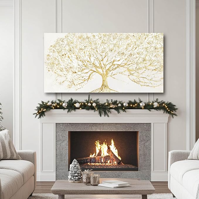 GAIDUOMAI Modern Abstract Tree Painting on White Background Gold Minimalist Art work for Bedroom Office Posters Entryway Wall Decor 24x48 Inch