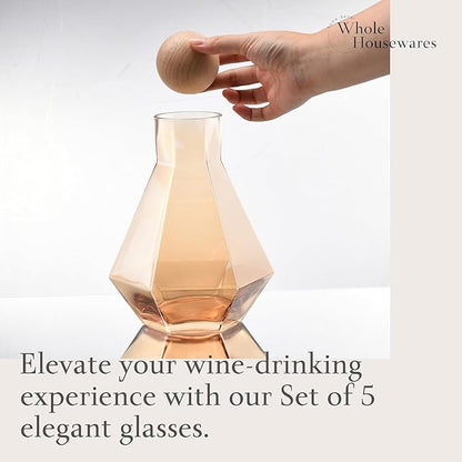 WHOLE HOUSEWARES Gold Diamond Inspired Wine Glasses Set of 5 - Red and White Wine Glasses - Large Bulbous Crystal Glass - Modern Diamond Wine Carafe with Cork Ball - Valentines Day Gifts