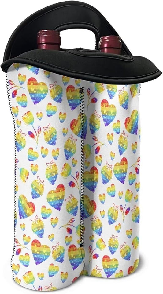 doginthehole 2 Bottle Wine Carrier Gift Bag Colorful Heart Print Neoprene Wine Tote Portable Champagne/Water Bottle/Beer/Drinks Carrying Bag for Travel, Picnic, Party