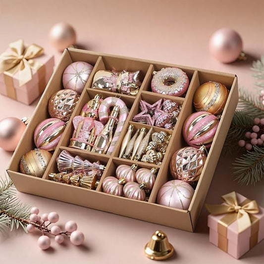 SHareconn 70pcs 2025 Classic Christmas Balls Ornaments Set, Shatterproof Plastic Baubles, Ribbon and Tree Topper for Xmas Tree Holiday Wedding Party Decorations with Hanging Strings, Pink and Gold