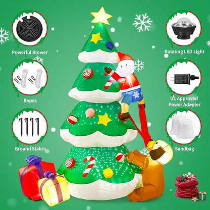BOHON 7.9 FT Inflatable Christmas Tree Decorations Outdoor, Built-in Rotated Snowflake Light and LEDs, Blow Up Yard Christmas Tree with Santa Claus Dog Gift Boxes Inflatables for Indoor Xmas Decor