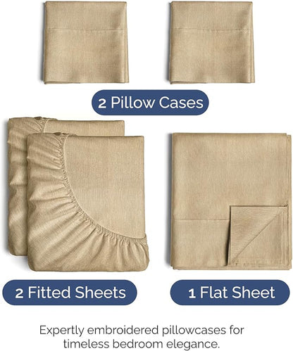 Split King Size 5 Piece Sheet Set - Comfy Breathable & Cooling Bed Sheets Set - Hotel Luxury Bedding for Women, Men, Kids, Teens, Boys & Girls - Deep Pockets & Wrinkle Free - Tan (Heathered Sheets)