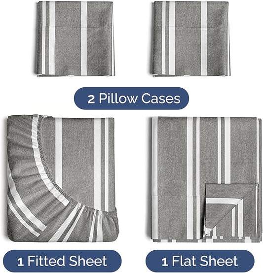 CGK Linens Twin XL 4 Piece Sheet Set - Cooling Sheets for Hot Sleepers - Hotel Luxury Bedding Set w/ 8-16 Inch Deep Pockets - 1 Flat & 1 Fitted & 2 Pillowcases - Soft & Wrinkle Free - Grey Stripes 3