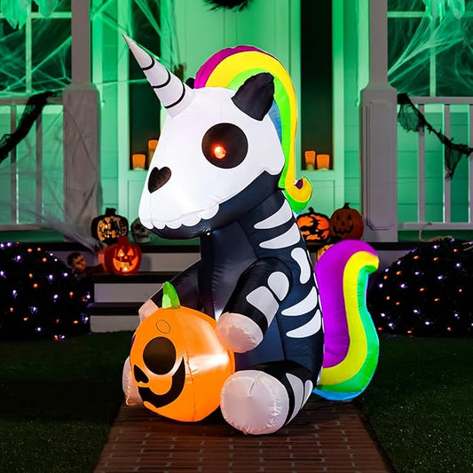 Joiedomi 5 FT Halloween Inflatables Skeleton Decor Outdoor, Blow Up Decorations Sitting Skeleton Unicorn with LEDs for Halloween Decorations Outside, Yard Decor