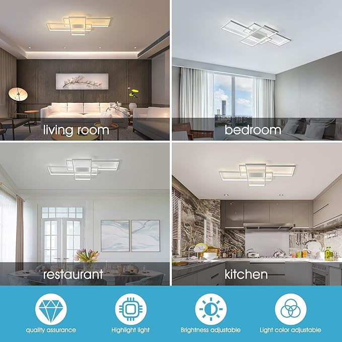 GEADI Dimmable Ceiling Light, 41.3in Flush Mount Ceiling Lamp Remote Control Modern Chandelier, 68W Square White Acrylic Close to Ceiling Light Fixtures for Bedroom Living Room