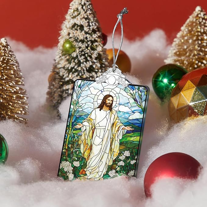 Jesus Stained Glass Ornament, 2025 Christmas Tree Hanging Decoration for Gift Exchange or Stocking Stuffer, Religious Holiday Decor, 3.8 x 2.4 Inch
