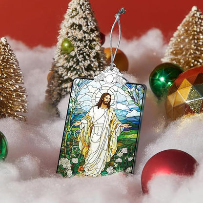 Jesus Stained Glass Ornament, 2025 Christmas Tree Hanging Decoration for Gift Exchange or Stocking Stuffer, Religious Holiday Decor, 3.8 x 2.4 Inch