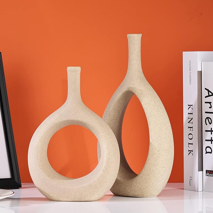Tan Ceramic Vase Set 2,Modern Hollow Circle with Hole Flower Vase for Home Decor,for Table Centerpieces,Farmhouse,Fire Place,Living Room,Bedroom,Office,Bookshelf,Rustic Decor