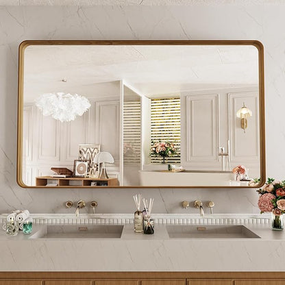 LOAAO 60X40 Inch Bathroom Mirror with Wood Grain Colored Metal Frame, Rounded Rectangle Metal Framed Bathroom Mirror, Anti-Rust, Hangs Horizontally or Vertically, Tempered Glass