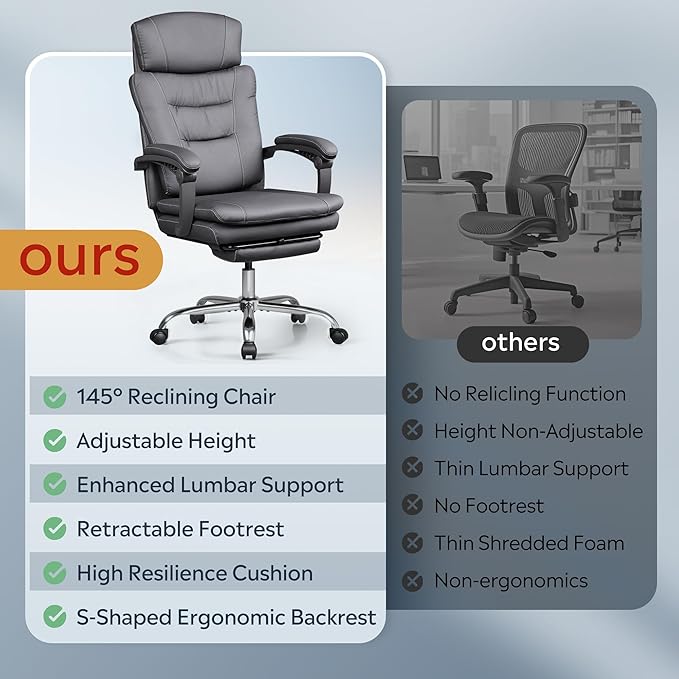 DEVAISE Executive Leather Home Office Chair with Footrest, High Back and Heavy Duty, Comfortable Big and Tall Ergonomic Desk Chair with Lumbar Support, Comfy Reclining, SGS Class 4 Gas Lift, Black