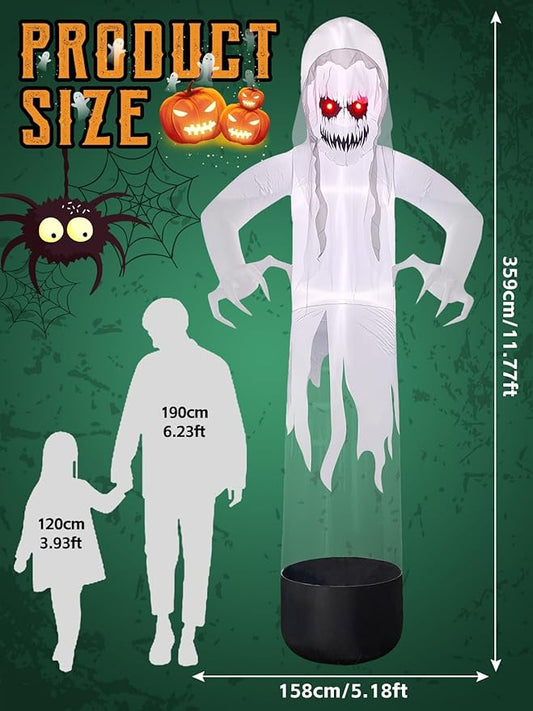 Kalolary Large 12 FT Halloween Inflatable Decoration Levitating White Ghost, Blow Up Animated Red Eyes Ghost with Build-in LEDs, Scary Inflatable for Yard Garden Lawn Indoor Outdoor Decor