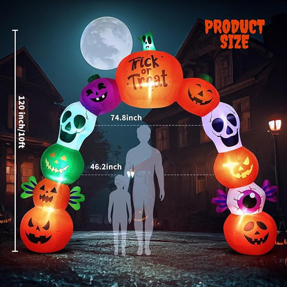 10FT Halloween Inflatables Pumpkin Skeleton Archway with Built-in LED Lights – Blow Up Yard Decoration with Candy Pumpkins for Indoor Outdoor Lawn Garden