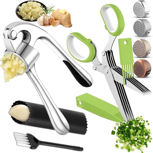 Premium Garlic Press & Herb Scissors Set, Soft & Easy to Squeeze Handle Garlic Press Stainless Steel, Garlic Mincer Tool, Garlic Peeler, Garlic Masher, Crusher & Herb Scissors with 5 Blades and Cover