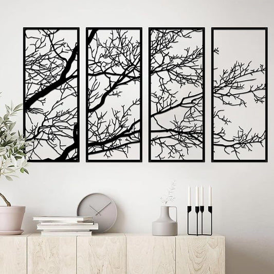 ESTART 4 Pieces Tree of Life Metal Wall Decor, Black Tree Branch Metal Wall Art, Tree Sign Wall Hangings for Home Garden Office Living Room Indoor Outdoor (Large)