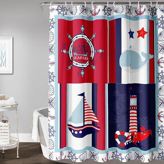 AILONEN Ocean Voyage Shower Curtain 72" W*78" H Coast Whale Lighthouse Rudder Ocean Animal Theme Bathroom Curtain,Teen Men Boys Curtain Polyester Waterproof Seafarer Bathroom Curtain with 12 Hooks