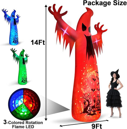 14 Ft Giant Halloween Inflatable Ghost Decorations Outdoor with 3 Colored Rotating Flame LED Changing Red Blue Green Lights, Scary Ghosts Blow Up Halloween Decor for Garden Yard Lawn Holiday Party
