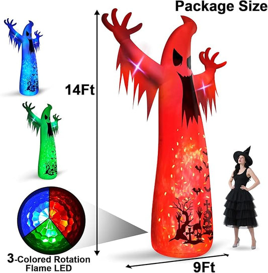 14 Ft Giant Halloween Inflatable Ghost Decorations Outdoor with 3 Colored Rotating Flame LED Changing Red Blue Green Lights, Scary Ghosts Blow Up Halloween Decor for Garden Yard Lawn Holiday Party