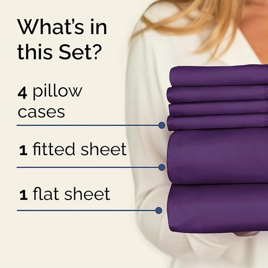 CGK Linens Cal King 6 Piece Sheet Set - Cooling Sheets for Hot Sleepers - Hotel Luxury Bedding Set with 8-16 Inch Deep Pockets - 1 Flat & 1 Fitted & 4 Pillowcases - Ultra Soft & Wrinkle Free - Purple