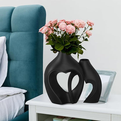 Black Vases for Decor, Heart Shaped Ceramic Vase Set of 2, Nordic Modern Boho ins Style Decorative Ceramic Aesthetic Flower Vase for Home Decor, Living Room Office House Decoration