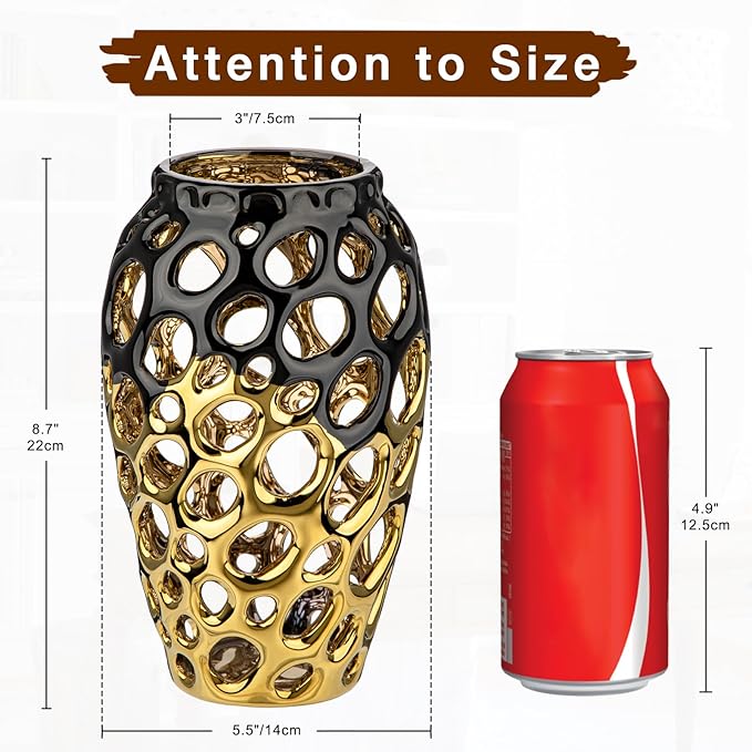 Black and Gold Vases for Centerpieces, Openwork Ceramic Flower Vase 8.7" Hollowed Decorative Pampas Grass Vase Gold Table Decor for Home Living Room Dinner Room Bedroom Office Wedding
