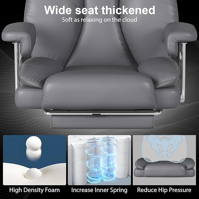 Big and Tall Office Chair, Ergonomic Leather High Back Executive Computer Desk Chair with Retractable Footrest and Padded Arms, 360°Swivel Free, 90-135°Reclining, 500lbs Wide Seat, Gray