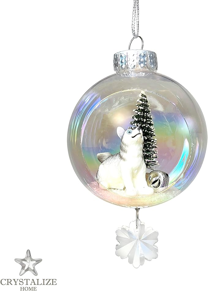 Wolf Christmas Ornament - Handmade Shatterproof Decorations for Indoor Outdoor Xmas Tree - Clear Ball Ornaments with Magnetic Crystal - Great Gift or Stocking Stuffer for Mom, Sister, Friend