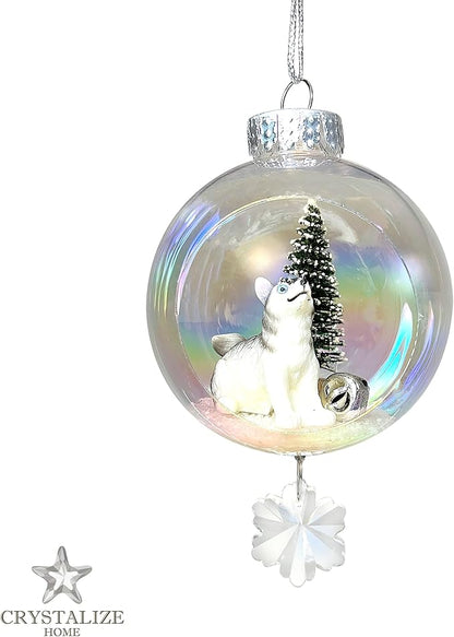 Wolf Christmas Ornament - Handmade Shatterproof Decorations for Indoor Outdoor Xmas Tree - Clear Ball Ornaments with Magnetic Crystal - Great Gift or Stocking Stuffer for Mom, Sister, Friend