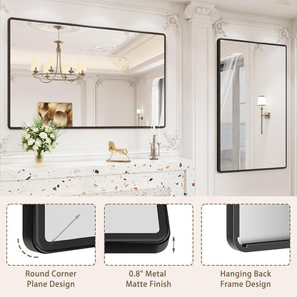 New Upgrade 55X36 Inch Wall Mounted Bathroom Mirror, Black Metal Frame Rounded Rectangle Mirror, Bathroom Vanity Mirror with Tempered Glass for Washroom Bedroom Living Room