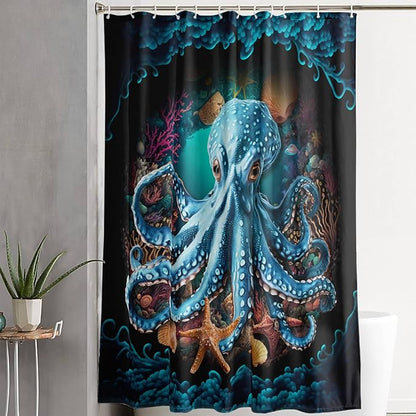 AILONEN Cartoon Blue Octopus Shower Curtain for Bathroom,Funny Octopus Bath Curtain for Kids,Boys,Girls,Ocean Animal Starfish Theme Waterproof Fabric Shower Curtain Set with Hooks,72" W*78" H