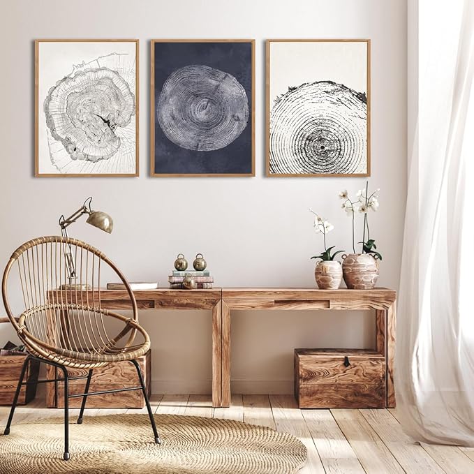 IARTTOP Framed Tree Ring Wall Art Modern Neutral Wood Stump Wall Decor Abstract Tree Spiral Wall Decor For Living Room Bedroom Office12 x16 Inch Set Of 3