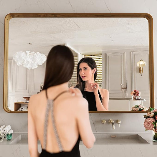 LOAAO 48X32 Inch Bathroom Mirror with Wood Grain Colored Metal Frame, Rounded Rectangle Metal Framed Bathroom Mirror, Anti-Rust, Hangs Horizontally or Vertically, Tempered Glass