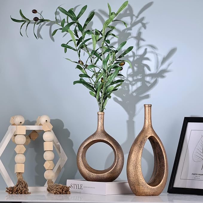 Vintage Gold Ceramic Vase Set 2,Modern Hollow Circle with Hole Flower Vase for Home Decor,for Table Centerpieces,Farmhouse,Fire Place,Living Room,Bedroom,Office,Bookshelf,Rustic Decor