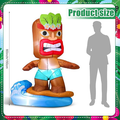 Shappy 5 ft Inflatable Tiki Flamingo Surfboard Luau Hawaiian Party Decorations Summer Inflatables Outdoor LED Lighted Tiki Blow up Beach Tropical Pool Surfing Yard Party Supplies Favors(Surfboard)
