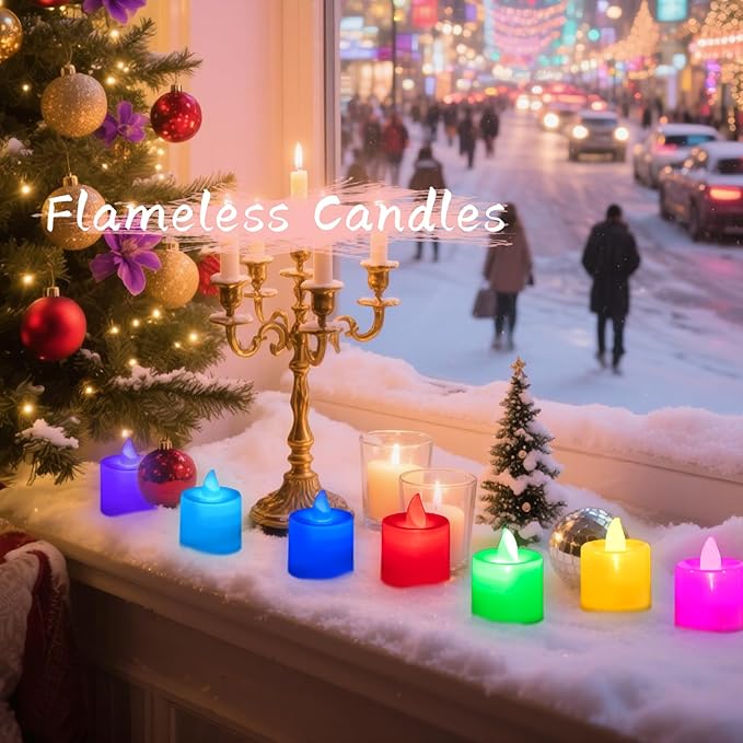 LANKER 24 Pack Flameless Tealight Candles, 7 Color Changing Battery Operated Led Tea Lights, Electronic Fake Candles, Decorations for Wedding, Party, Christmas, Halloween (7 Color Changing)