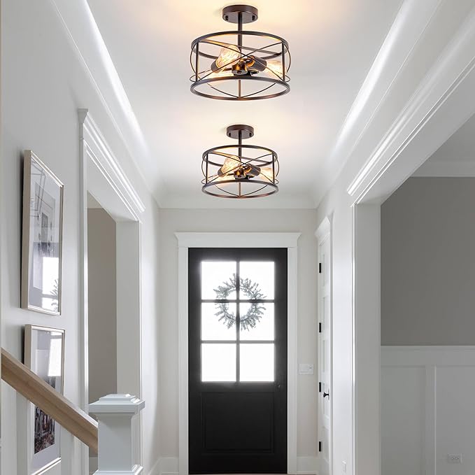 Industrial Farmhouse Semi Flush Mount Ceiling Light, 3-Light Drum Shade Fixture, Black