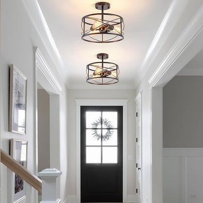 Industrial Farmhouse Semi Flush Mount Ceiling Light, 3-Light Drum Shade Fixture, Black