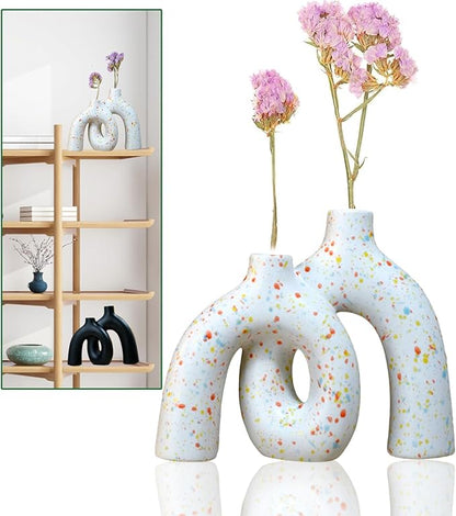 Hug Donut Decorative Vase Set,Minimalist Nordic Boho Style Vases Home Decor,Matte Ceramic Hollow Vase Decorations for Living Room Shelf, Bookshelf Mantle Entryway Table or Console Décor. (Multi)
