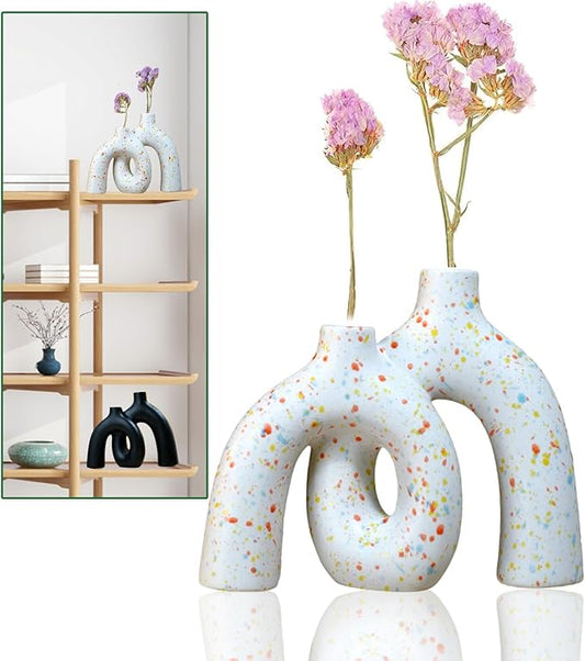 Hug Donut Decorative Vase Set,Minimalist Nordic Boho Style Vases Home Decor,Matte Ceramic Hollow Vase Decorations for Living Room Shelf, Bookshelf Mantle Entryway Table or Console Décor. (Multi)