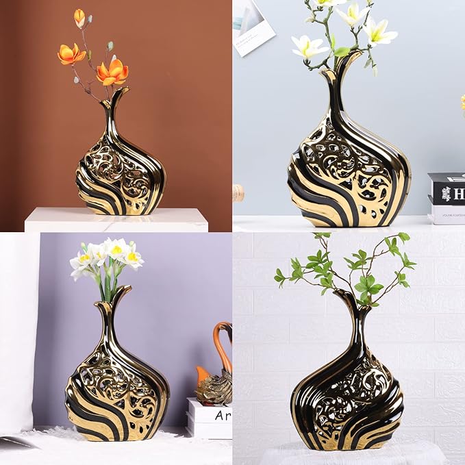 Black and Gold 15 inch Floor Standing Large vase with Unique skeletonized Large vase Pampas Grass Decoration for Living Room, Home Office Porch Shelves on Floor entryway Entrance Tabletop Decoration.