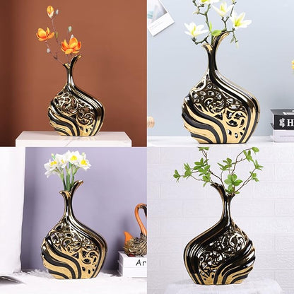 Black and Gold 15 inch Floor Standing Large vase with Unique skeletonized Large vase Pampas Grass Decoration for Living Room, Home Office Porch Shelves on Floor entryway Entrance Tabletop Decoration.