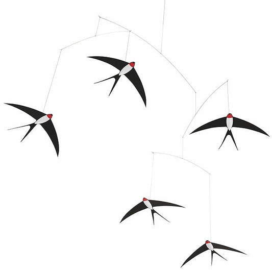 5 Flying Swallows Hanging Mobile - 24 Inches - Premium-Grade Cardstock - Handmade in Denmark by Flensted