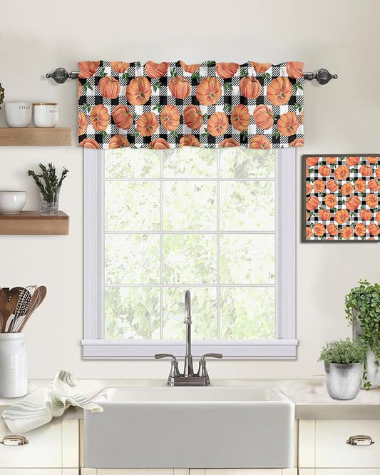 Fall Kitchen Curtains Valances for Windows Thanksgiving Halloween Pumpkins Rod Pocket Window Treatment for Kitchen /Living Room/Bedroom/ Bathroom,60" X 18"-1 Panel, Farmhouse Black White Buffalo Plaid