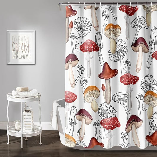 AILONEN Cartoon Mushroom Shower Curtain,Modern Shabby Chic Plants Fungus Themed Waterproof Bath Curtain,Minimalist Curtain for Bathroom Decor, 72" W x 72" H