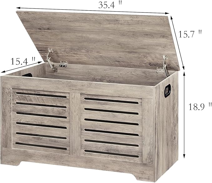 DINZI LVJ Storage Chest, Flip-Top Wooden Toy Box with 2 Safety Hinges, Retro Entryway Shoe Storage Bench, Sturdy Large Storage Trunk for Living Room, Bedroom, Easy Assembly, Greige