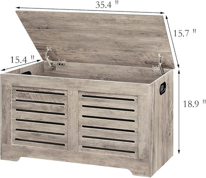 DINZI LVJ Storage Chest, Flip-Top Wooden Toy Box with 2 Safety Hinges, Retro Entryway Shoe Storage Bench, Sturdy Large Storage Trunk for Living Room, Bedroom, Easy Assembly, Greige