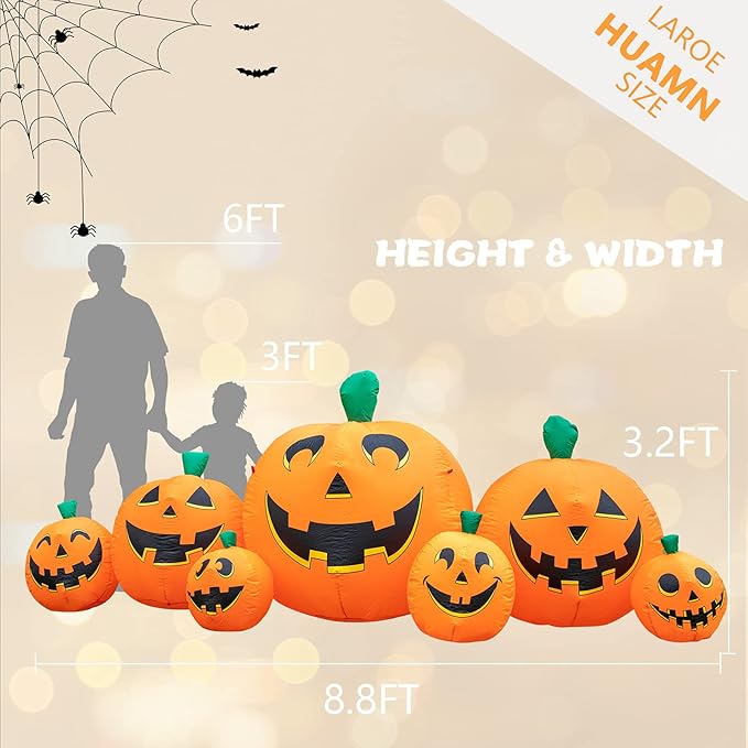 MUMTOP 8.8 Ft Long Inflatable Outdoor Halloween Decorations, Inflatables Halloween Pumpkins Outdoor Decorations Blow Up with Built-in LED Lights for Yard Party Holiday Garden