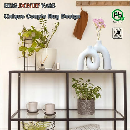 Hug Donut Decorative Vase Set,Minimalist Nordic Boho Style Vases Home Decor,Matte Ceramic Hollow Vase Decorations for Living Room Shelf, Bookshelf Mantle Entryway Table or Console Décor. (White)